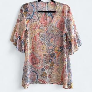 J&M Multicolor Sheer Paisley Top Flowy Boho Kimono Bell Sleeve Tunic Blouse EUC